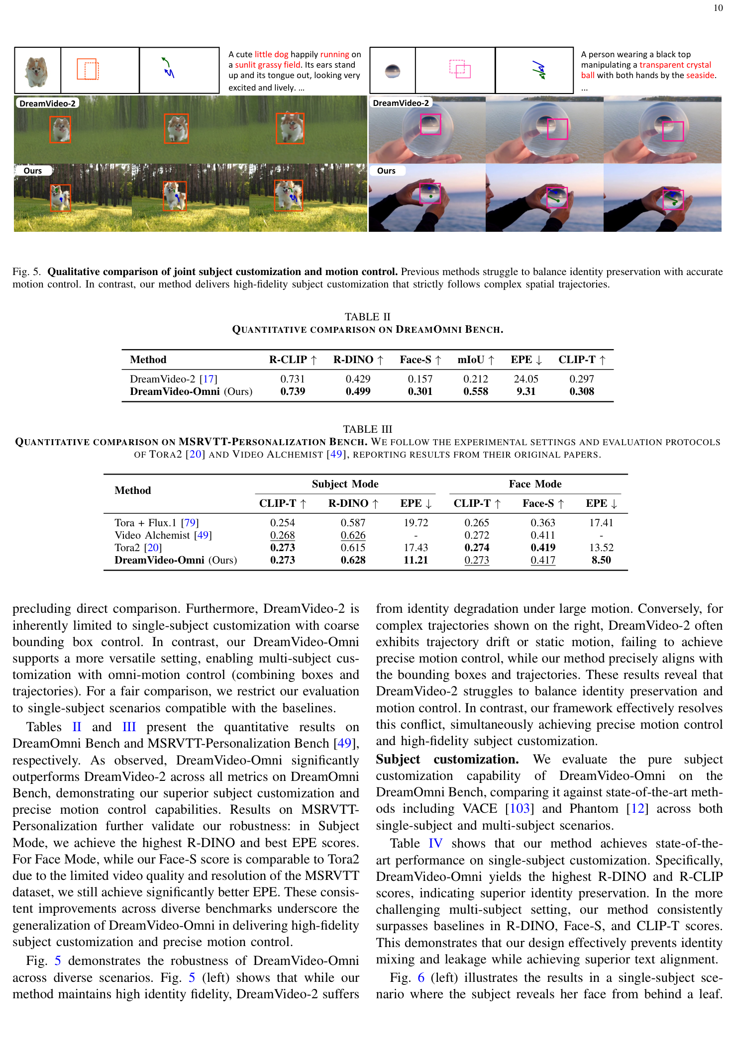 Table II: QUANTITATIVE COMPARISON ON DREAMOMNI BENCH.