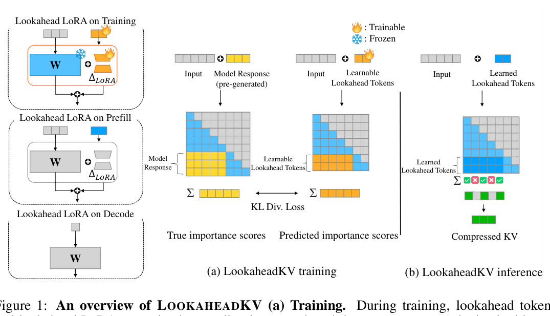 Figure 1: An overview of LOOKAHEADKV (a) Training. During training, lookahead tokens and lookahead LoRA are trained to predict the ground-truth importance scores obtained with pre-generated model response via a KL divergence loss. (b) Inference. During prefill, LOOKAHEADKV utilizes the learned modules to identify essential tokens and compress the KV cache, facilitating memory-efficient decoding.