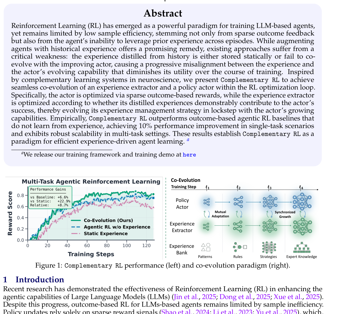 Figure 1: Complementary RL performance (left) and co-evolution paradigm (right).