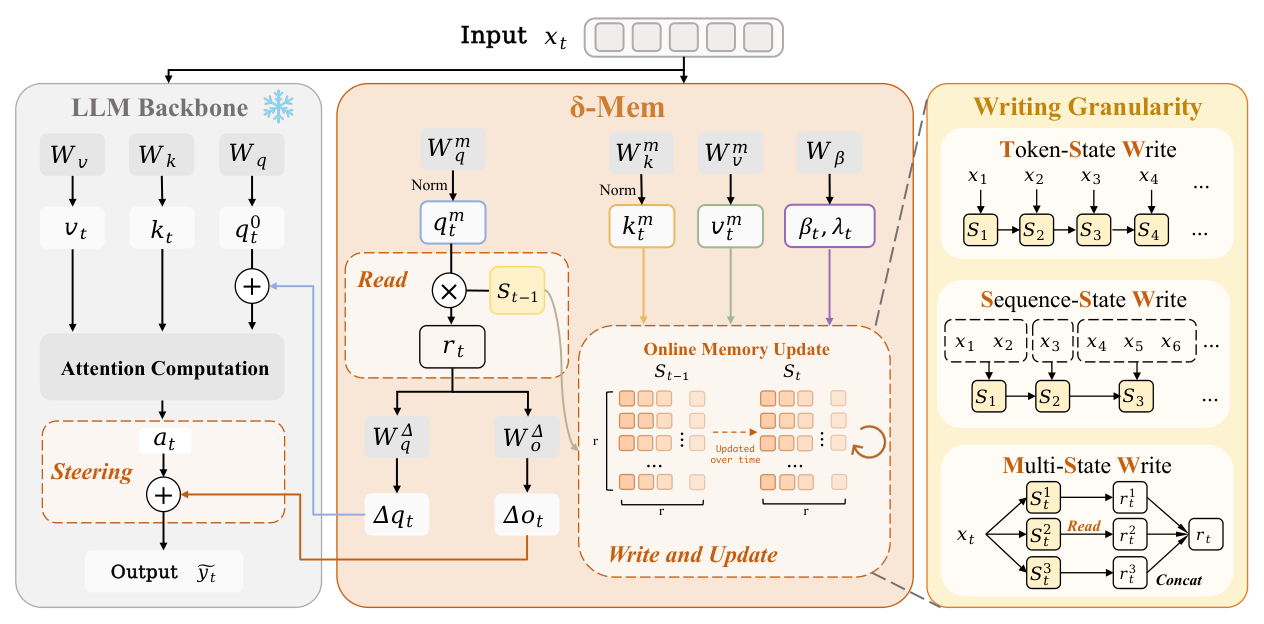 Figure 1: δ-mem의 전체 아키텍처 및 온라인 메모리 업데이트 흐름도를 제시함