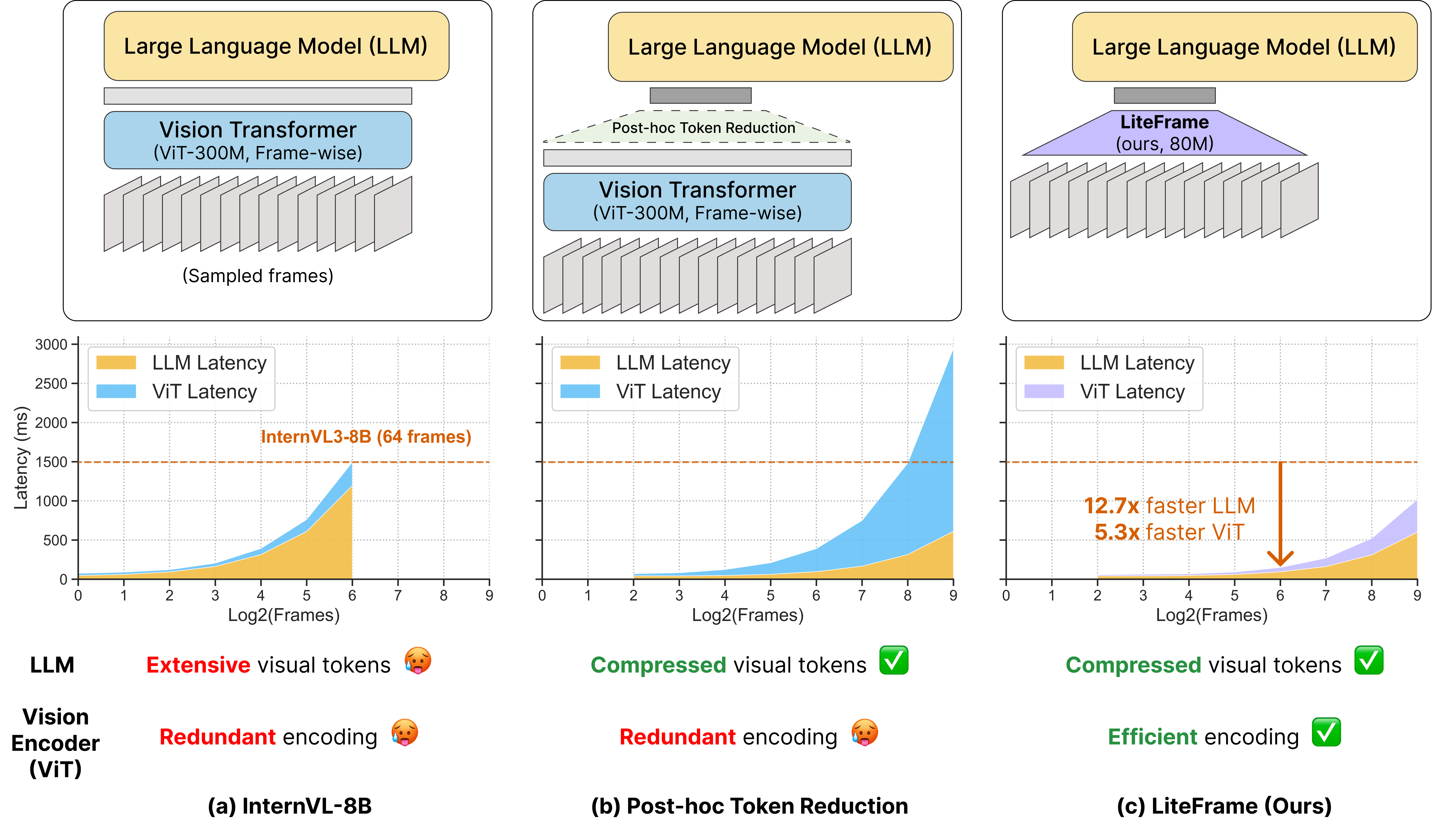 Figure 1: Video LLM의 병목 문제 및 LiteFrame 해결책