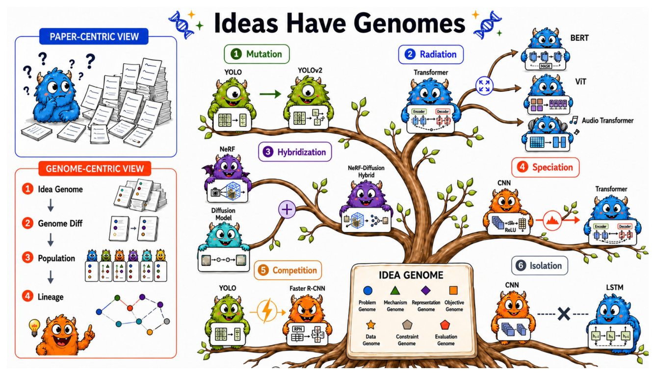 Figure 1: Idea Genome과 GenomeDiff를 활용한 과학적 혈통 중심의 연구 프레임워크를 보여주는 핵심 다이어그램