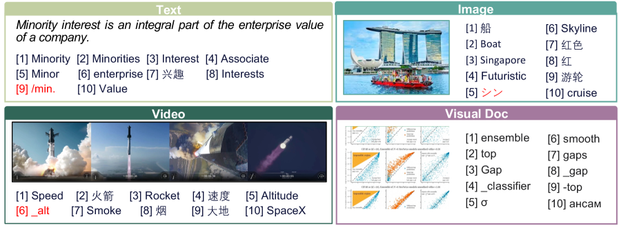 Figure 3: 다양한 모달리티에 대한 희소 토큰 활성화 사례