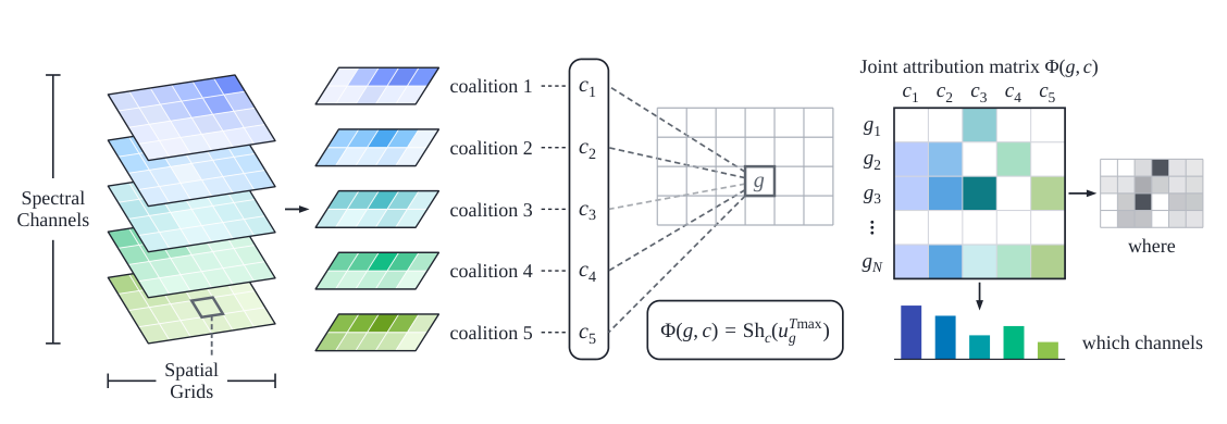 Figure 2: SSI 방법론의 전체적인 개념과 입출력, 그리고 joint attribution matrix 형성 과정을 시각적으로 설명하는 핵심 다이어그램.