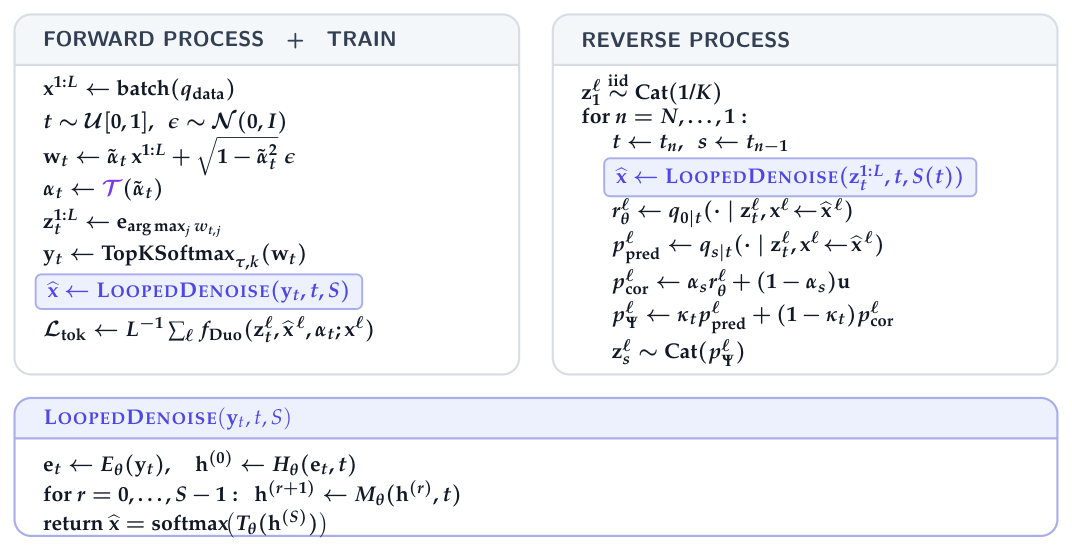 Figure 2: 제안하는 Looped UDLM의 전체 파이프라인 및 순환 구조를 설명